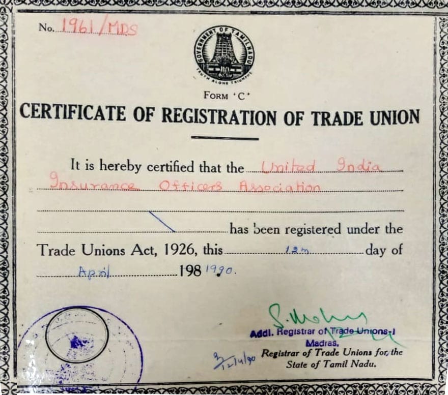 UIIOA Certificate of Registration of Trade Union, No. 1961/MDS